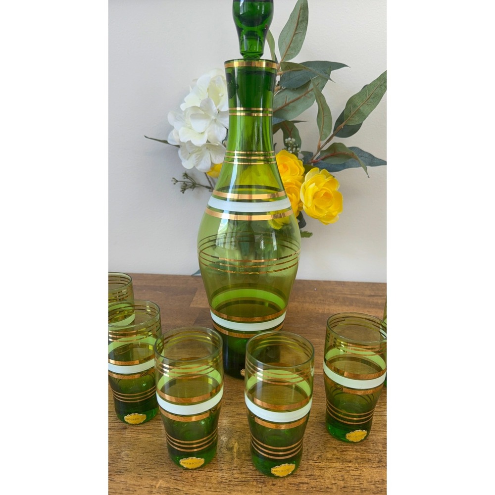 Vintage Emerald Green Glass Decanter Set Gold Stripe‎ Polish Glass Barware MCM
